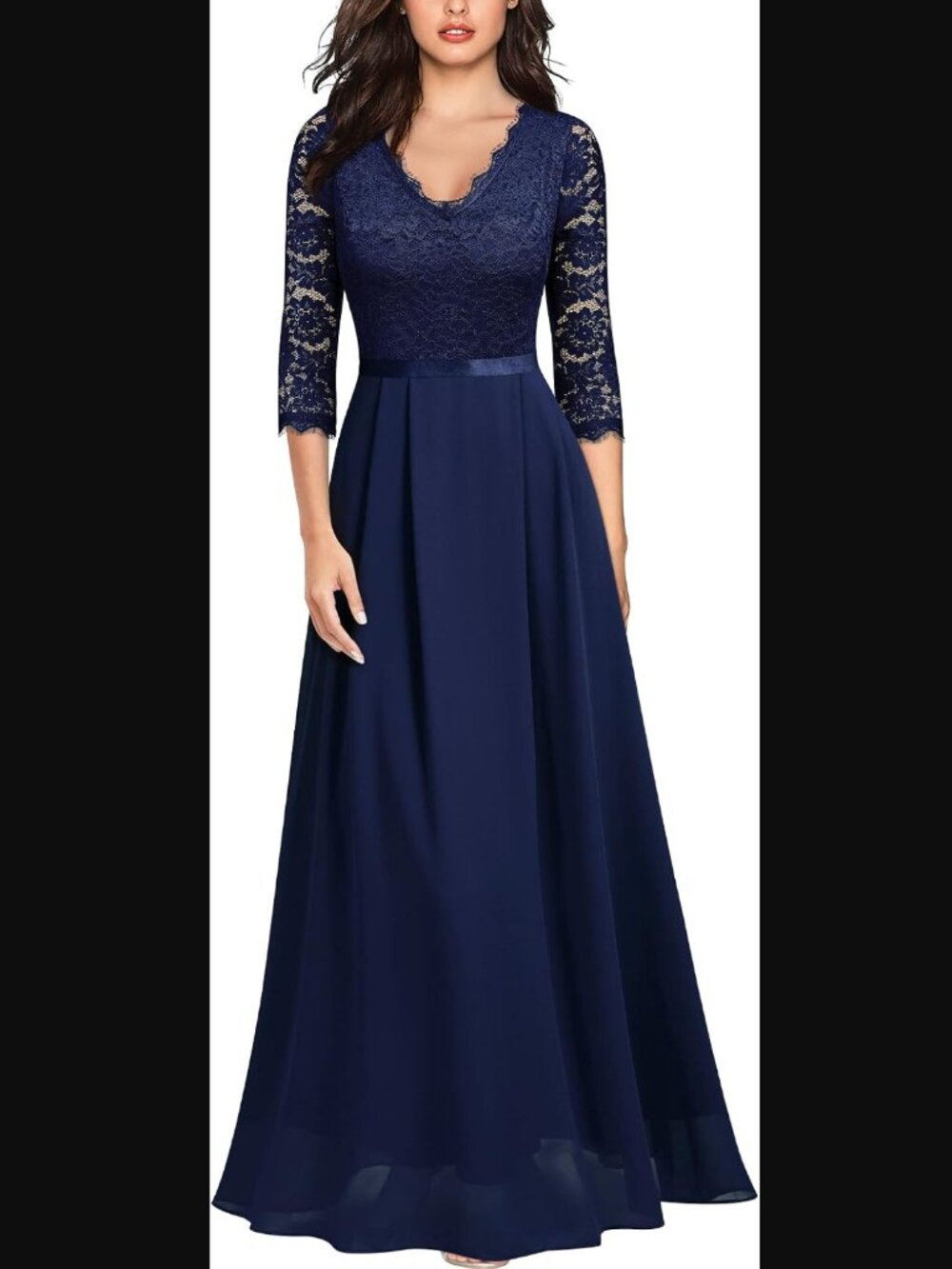 Navy Lace Bodice Long Evening Dress, S